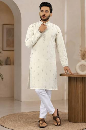 Off-white color all over silver jari with embroidery buti matka silk men's kurta payjama set