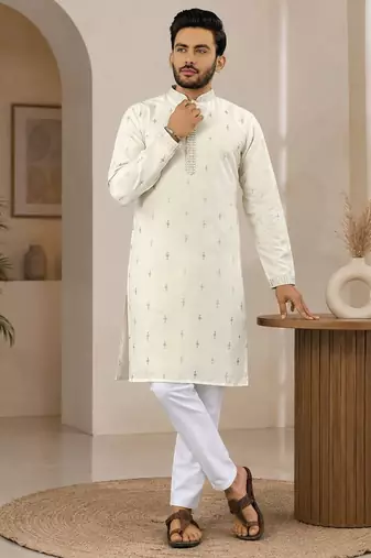 Off-white color all over silver jari with embroidery buti matka silk men's kurta payjama set
