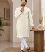 Off-white color all over silver jari with embroidery buti matka silk men's kurta payjama set