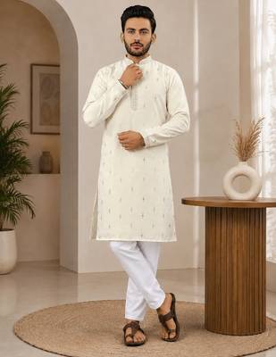 Off-white color all over silver jari with embroidery buti matka silk men's kurta payjama set 2
