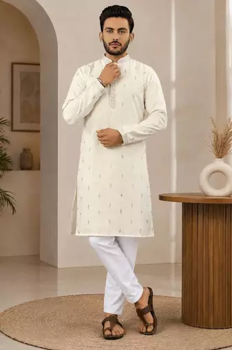 Off-white color all over silver jari with embroidery buti matka silk men's kurta payjama set