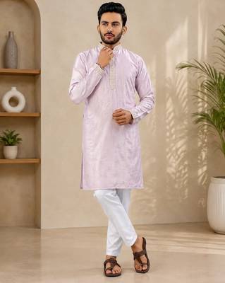 Lavender color all over silver jari with embroidery buti matka silk men's kurta payjama set 1