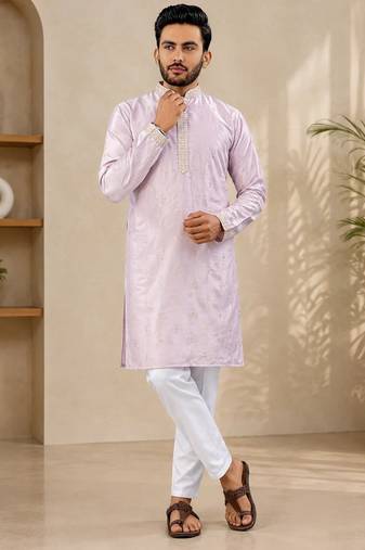 Lavender color all over silver jari with embroidery buti matka silk men's kurta payjama set