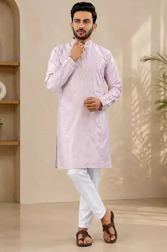 Lavender color all over silver jari with embroidery buti matka silk men's kurta payjama set