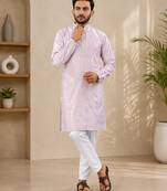 Lavender color all over silver jari with embroidery buti matka silk men's kurta payjama set