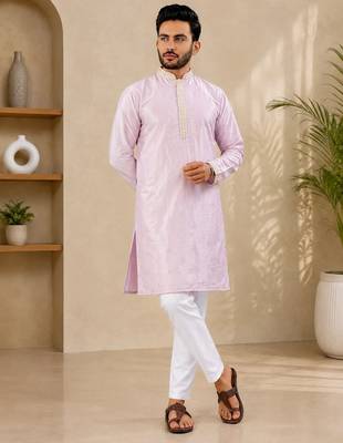 Lavender color all over silver jari with embroidery buti matka silk men's kurta payjama set 2