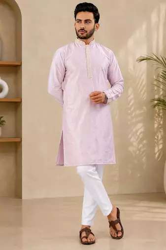 Lavender color all over silver jari with embroidery buti matka silk men's kurta payjama set