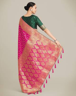 pink silk blend banarasi jacuard work saree with unstitched blouse piece 3