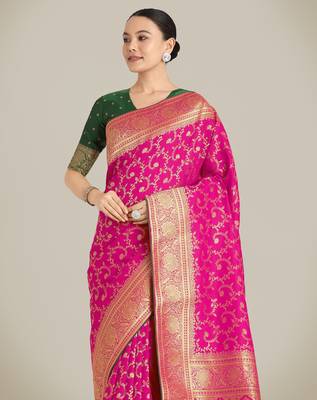 pink silk blend banarasi jacuard work saree with unstitched blouse piece 4