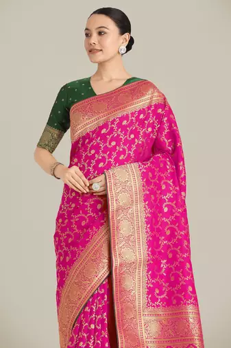 pink silk blend banarasi jacuard work saree with unstitched blouse piece