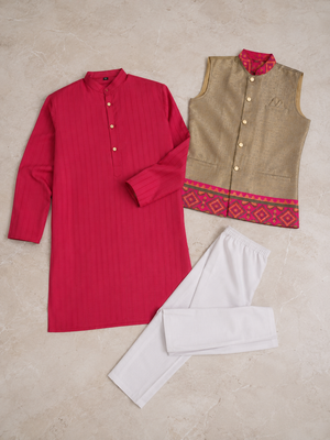 Beige color weaving work with ikkat kanjivaram cotton men's kurta payjama set 5