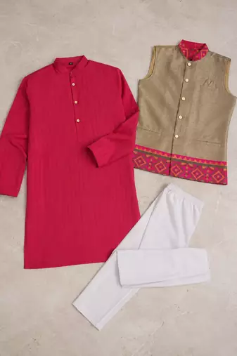 Beige color weaving work with ikkat kanjivaram cotton men's kurta payjama set