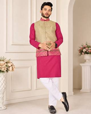 Golden color weaving work with ikkat kanjivaram cotton men's kurta payjama set 1