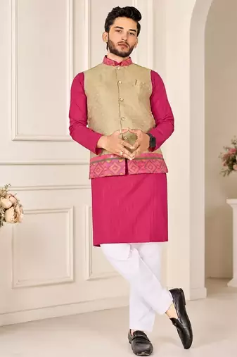 Golden color weaving work with ikkat kanjivaram cotton men's kurta payjama set