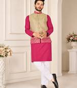 Golden color weaving work with ikkat kanjivaram cotton men's kurta payjama set