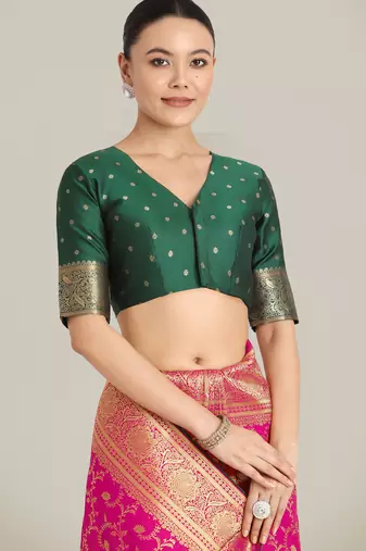 pink silk blend banarasi jacuard work saree with unstitched blouse piece