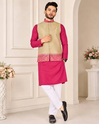 Golden color weaving work with ikkat kanjivaram cotton men's kurta payjama set 2
