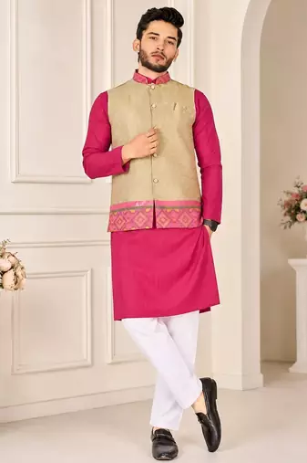 Golden color weaving work with ikkat kanjivaram cotton men's kurta payjama set
