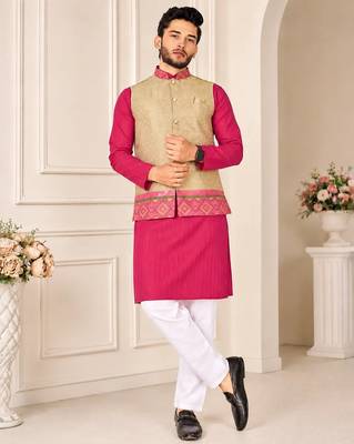 Golden color weaving work with ikkat kanjivaram cotton men's kurta payjama set 3