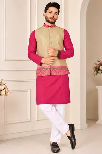 Golden color weaving work with ikkat kanjivaram cotton men's kurta payjama set