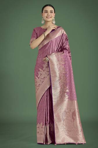 onion silk blend banarasi jacuard work saree with unstitched blouse piece