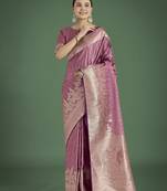 onion silk blend banarasi jacuard work saree with unstitched blouse piece