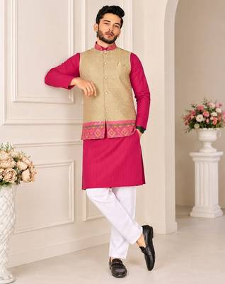 Golden color weaving work with ikkat kanjivaram cotton men's kurta payjama set 4