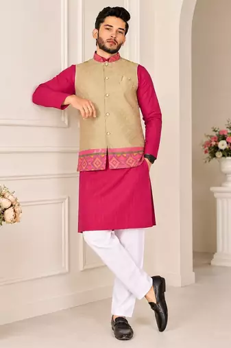 Golden color weaving work with ikkat kanjivaram cotton men's kurta payjama set