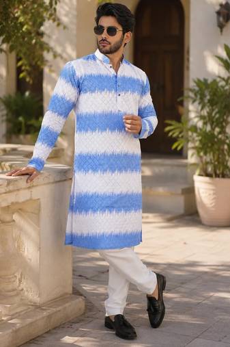 Royal blue color embroidery work & shading print cotton men's kurta payjama set