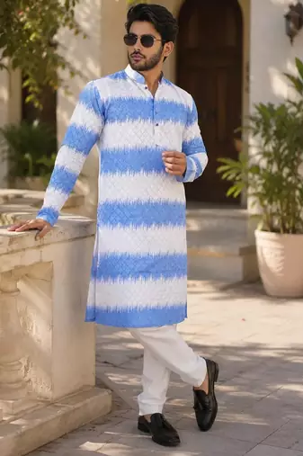 Royal blue color embroidery work & shading print cotton men's kurta payjama set