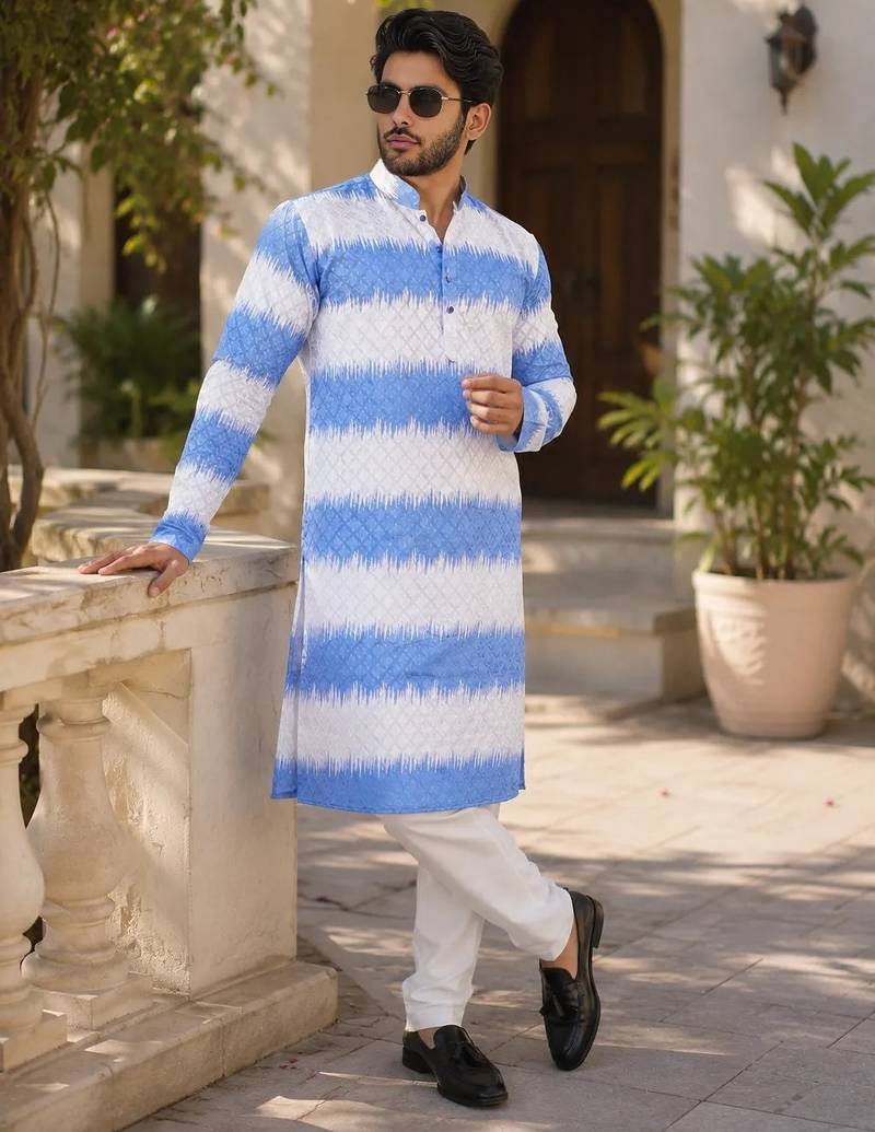 Royal blue color embroidery work & shading print cotton men's kurta payjama set