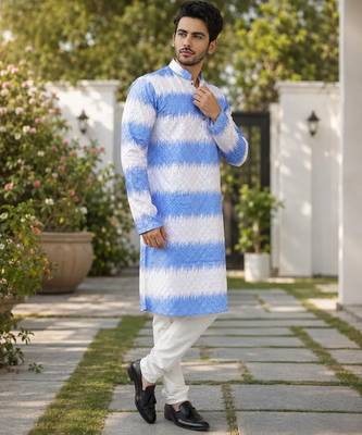 Royal blue color embroidery work & shading print cotton men's kurta payjama set 2
