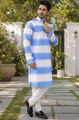 Royal blue color embroidery work & shading print cotton men's kurta payjama set