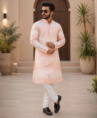 Peach color embroidery work & shading print cotton men's kurta payjama set 1