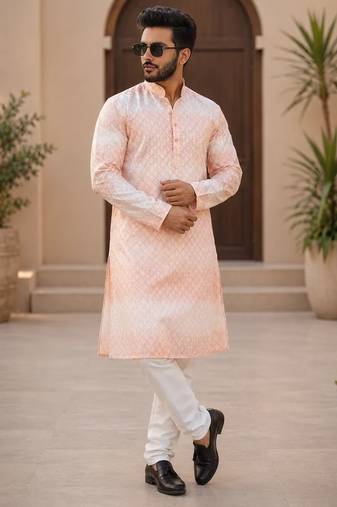Peach color embroidery work & shading print cotton men's kurta payjama set