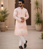 Peach color embroidery work & shading print cotton men's kurta payjama set