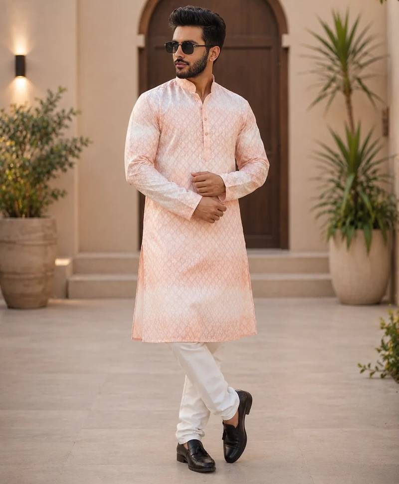 Peach color embroidery work & shading print cotton men's kurta payjama set