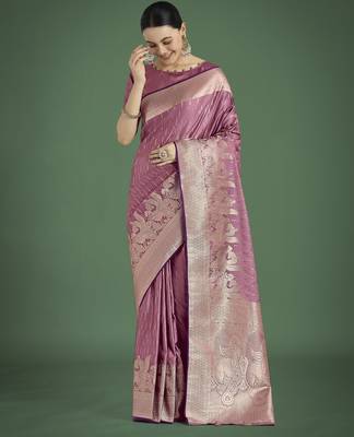 onion silk blend banarasi jacuard work saree with unstitched blouse piece 2