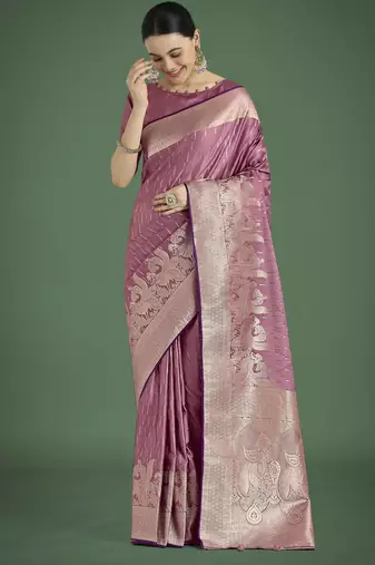 onion silk blend banarasi jacuard work saree with unstitched blouse piece
