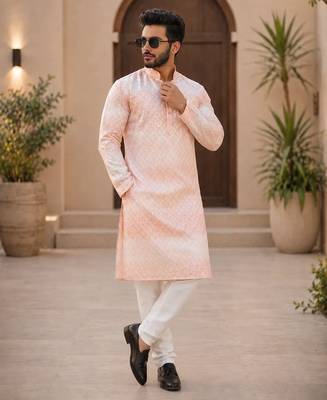 Peach color embroidery work & shading print cotton men's kurta payjama set 2