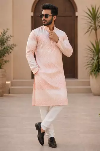 Peach color embroidery work & shading print cotton men's kurta payjama set
