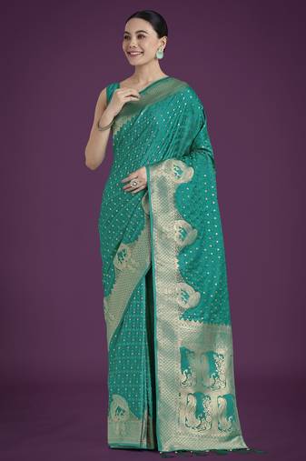 teal green silk blend banarasi jacuard work saree with unstitched blouse piece