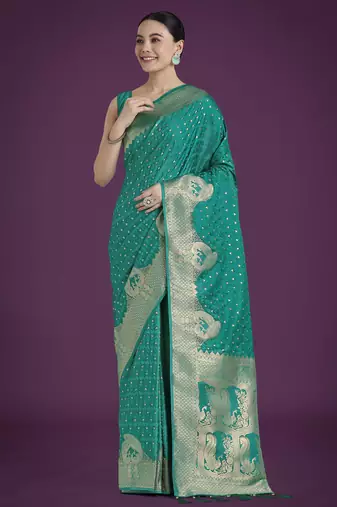 teal green silk blend banarasi jacuard work saree with unstitched blouse piece