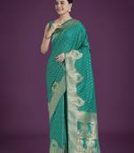 teal green silk blend banarasi jacuard work saree with unstitched blouse piece