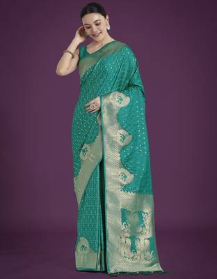 teal green silk blend banarasi jacuard work saree with unstitched blouse piece 2