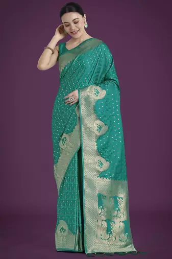 teal green silk blend banarasi jacuard work saree with unstitched blouse piece