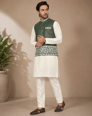 Off white-olive color embroidered daaman work shiny silk men's kurta payjama set 1