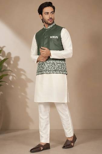 Off white-olive color embroidered daaman work shiny silk men's kurta payjama set