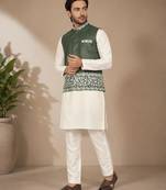 Off white-olive color embroidered daaman work shiny silk men's kurta payjama set