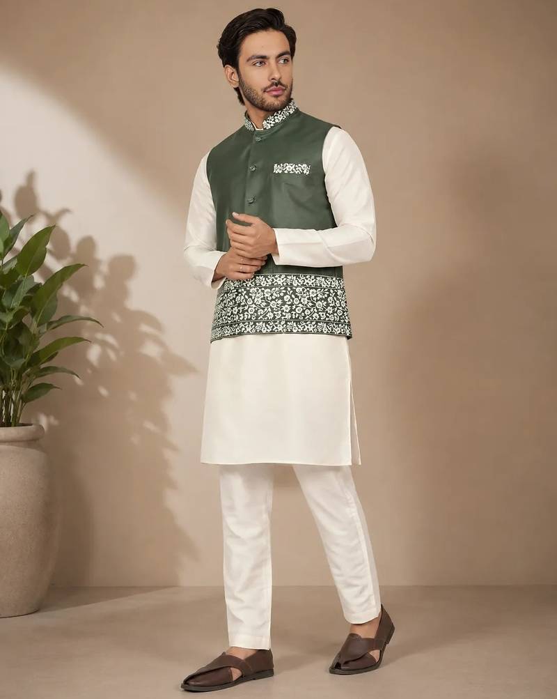 Off white-olive color embroidered daaman work shiny silk men's kurta payjama set